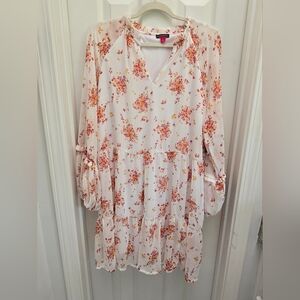 Vince Camuto boho floral V-neck, sheer long sleeves, tiered ruffle midi dress